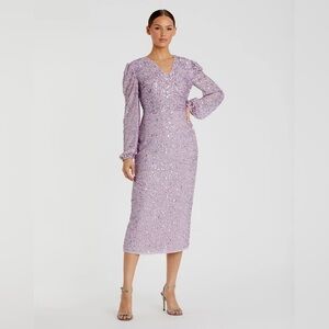 MAC DUGGAL 10764 NWOT Sequined Illusion Puff Sleeve V Neck Midi Dress